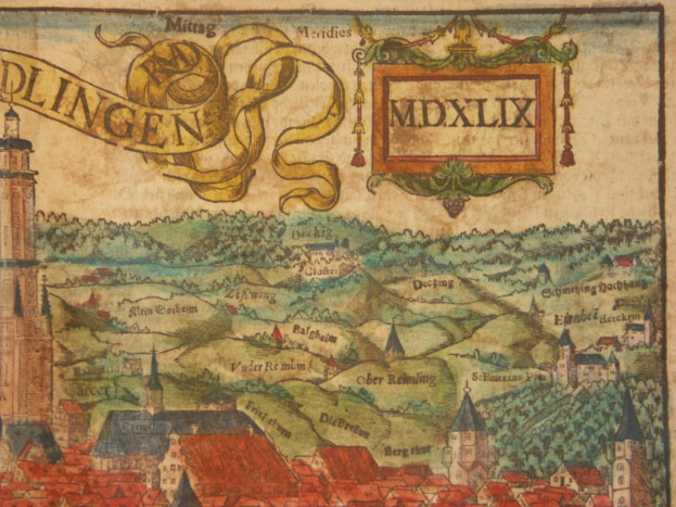 Ein alter Stadtplan von Dlingen, Deutschland, mit detaillierten Illustrationen von Gebäuden, Bäumen und Text in einer dekorativen Schriftart, der die Stadt und die umliegende Landschaft zeigt.