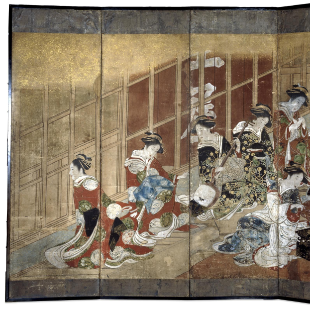 Ein japanisches Vier-Paneel-Bild aus der Meiji-Zeit, das Frauen in Kimonos in einem Kreis zeigt, wobei eine Frau in der Mitte die Arme ausbreitet.
