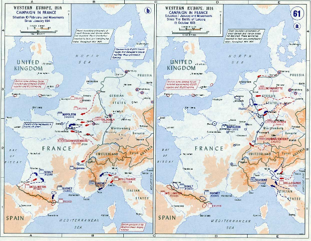 Eine Europakarte während der Schlacht von Leipzig, unterteilt in Abschnitte für Europa und Frankreich, mit nummerierten Regionen und textuellen Beschriftungen von Städten, Dörfern und geografischen Merkmalen.