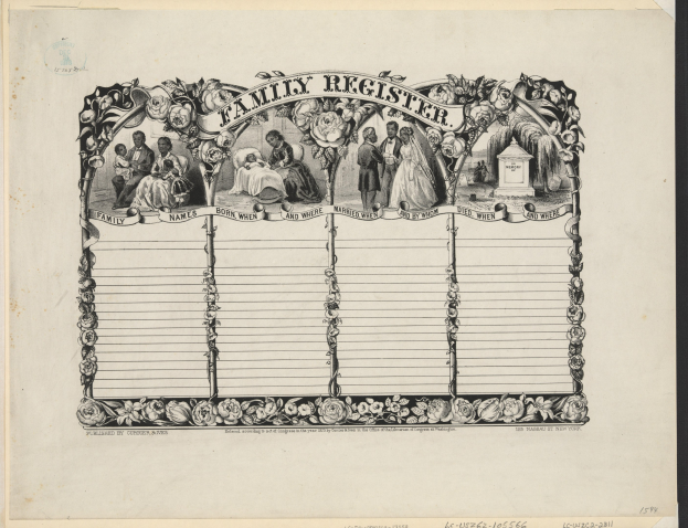 Schwarz-weißer Familienstammbaum mit Gruppenfoto in der Mitte und handgeschriebenen Text, der Familiendaten enthält.