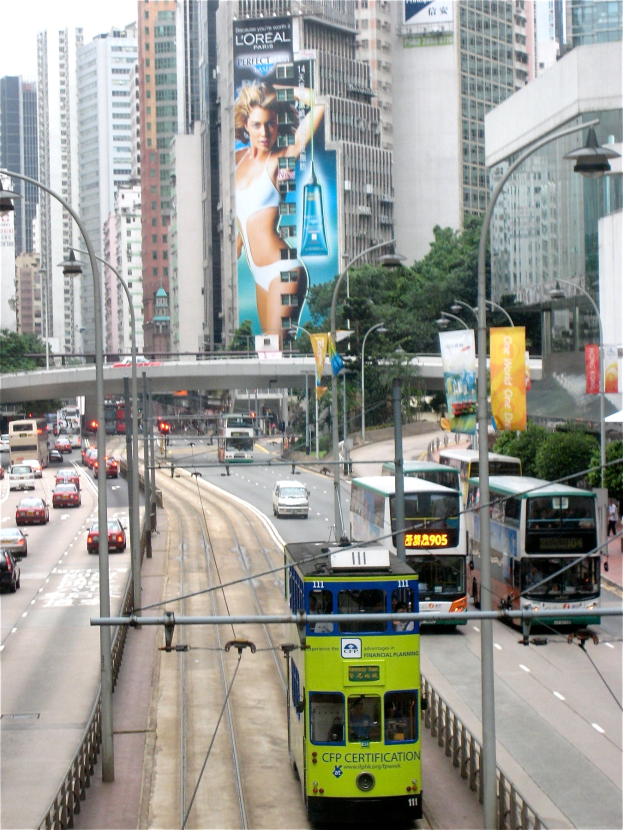 Eine belebte Stadtstraße mit verschiedenen Fahrzeugen, darunter Doppeldeckerbusse, Autos und andere Fahrzeuge, umgeben von Pfählen, Laternen, Tafeln, Bannern, Bäumen, einer Brücke, hohen Gebäuden und einem klaren blauen Himmel, mit Text am unteren Rand des Bildes.