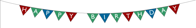 Geburtstagsbanner mit roten, grünen und blauen Fähnchen, die 'Happy Birthday' in weißen Buchstaben auf einem weißen Hintergrund zeigen.