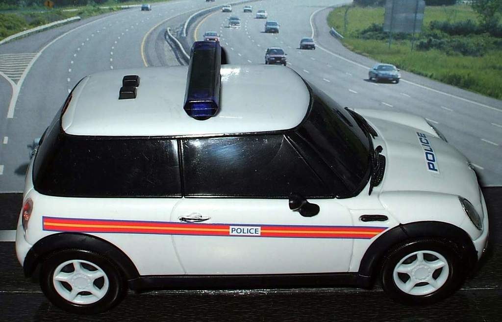 Weißer Polizeiwagen mit "Polizei" darauf vor einer Reihe von fahrenden Fahrzeugen auf einer von Gras und Bäumen gesäumten Straße außerhalb der Stadt.