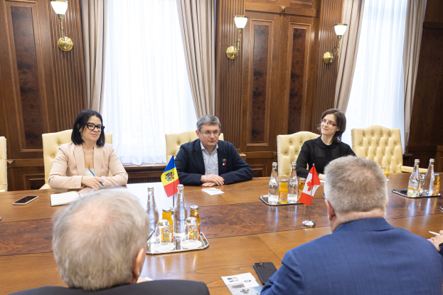 Eine Gruppe von Menschen in einer offiziellen Umgebung mit Flaggen und Papieren auf einem Holztisch, die sich über das wirtschaftliche Potenzial der Europäischen Union unterhalten.