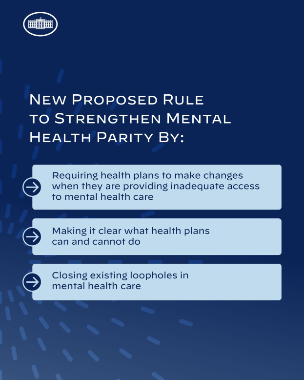 Ein blauer Hintergrund mit weißer Schrift und einem weißen Kreis-Logo mit blauer Umrandung, das eine neue Regelung zur Stärkung der psychischen Gesundheit umreißt.