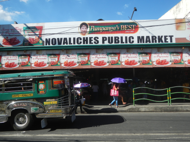 Ein Bus fährt an einem Gebäude vorbei, auf dem "Novaliches Public Market" steht, während Fußgänger mit Schirmen auf dem Gehweg gehen, eine Begrenzung auf der rechten Seite und Gebäude, Drähte und ein Laternenmast im Hintergrund.