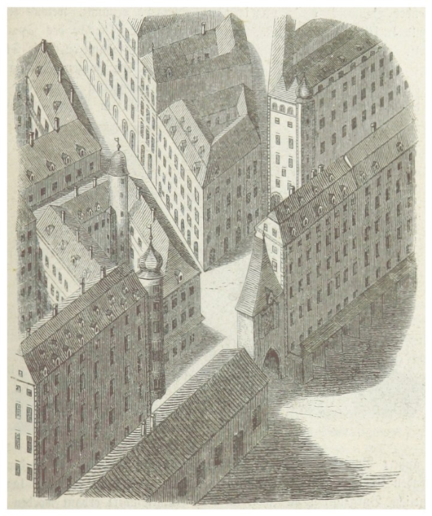 Ein detailliertes altes Stadtbild mit verschiedenen Architekturgebäuden und Text unten.