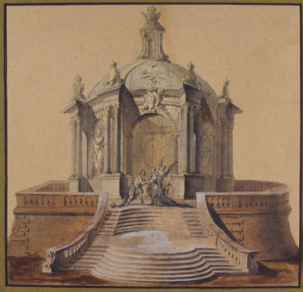 Ein gerahmtes Bild einer Brunnenanlage mit einer Statue darauf, umgeben von Treppen und Skulpturen im klassischen Stil.