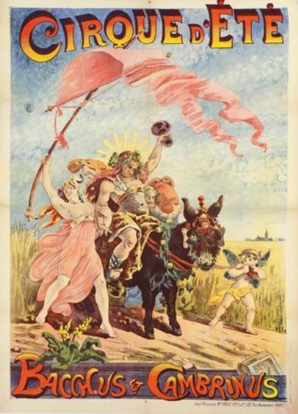 Vintage-Zirkusplakat mit dem Titel "Cirque d'Ete Bacchus & Cambrinus" mit farbenfrohen Illustrationen von Menschen, Tieren und Pflanzen.