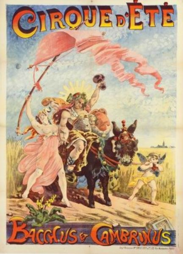 Vintage-Zirkusplakat mit dem Titel "Cirque d'Ete Bacchus & Cambrinus" mit farbenfrohen Illustrationen von Menschen, Tieren und Pflanzen.