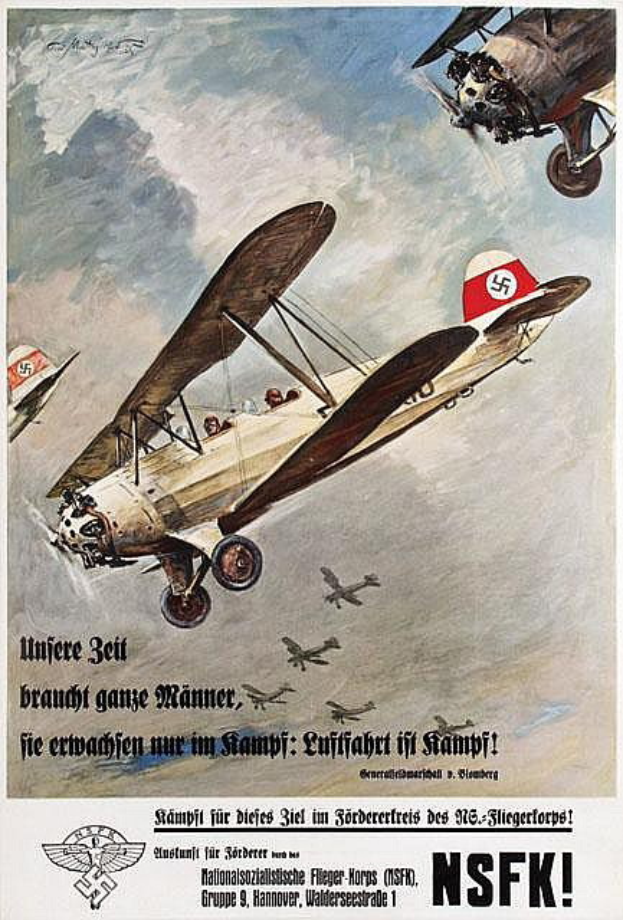 Ein deutsches Weltkriegspropagandaplakat mit einer Gruppe von Kampfflugzeugen im Flug, das die Flugzeuge und ihre Fähigkeiten beschreibt.