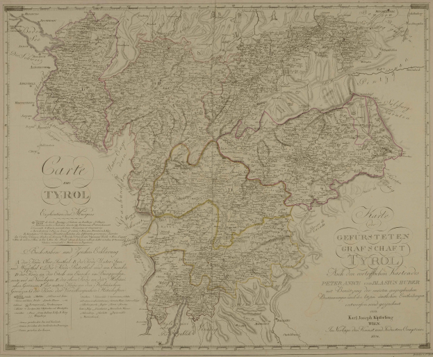 Ausführliche alte Karte von Tirol, Deutschland, mit Städten, Dörfern, geografischen Merkmalen und zusätzlichem Text.