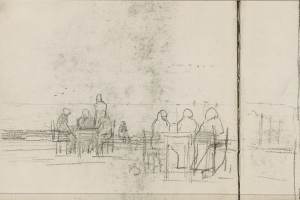 Eine Skizze von Joseph Mallord William Turner, die eine Gruppe von Menschen zeigt, die an einem Tisch in einem Cafe sitzen, mit gedämpften erdigen Farben, die eine friedliche Atmosphäre schaffen.