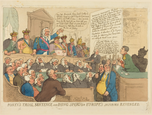 Eine Karikatur einer Gerichtsszene mit einer Gruppe von Menschen, die auf Stühlen sitzen und ein Mann in der Mitte steht, ein Tisch mit Gegenständen auf der rechten Seite und ein Text unten, der "Boney's Trial, Sentence, and Dying Speech Europe's Injuries Revenged" lautet.