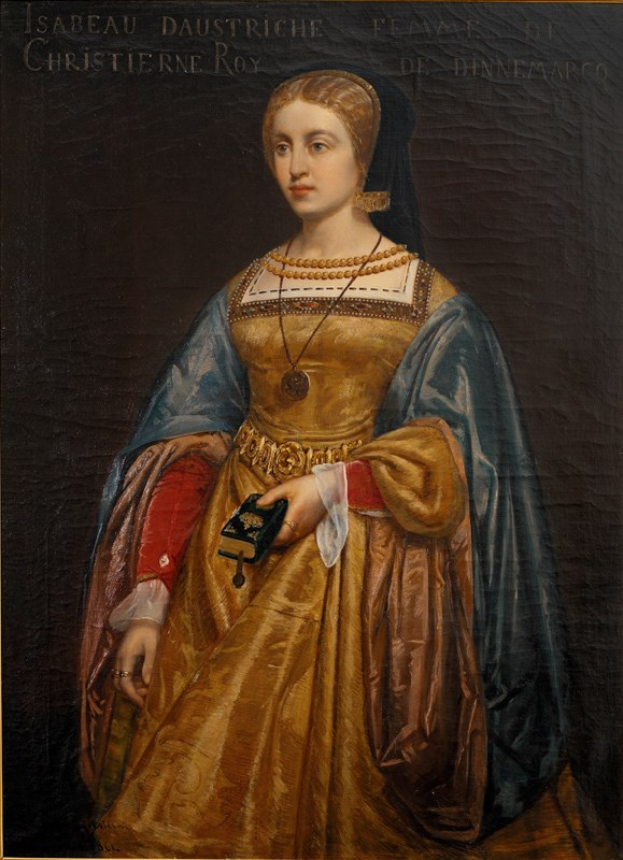 Gemälde von Isabella daustriche in einem goldenen Kleid mit detaillierten Verzierungen, Haar zu einem Knoten gebunden, von Christierne Roy, das eine friedliche und würdige Miene zeigt.