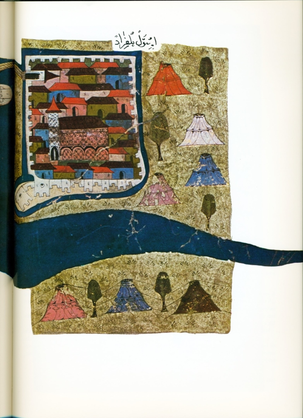 Ein detailliertes und farbenfrohes Gemälde einer belebten Stadtlandschaft mit hohen Gebäuden, grünen Bäumen und einem hellblauen Himmel, dargestellt auf einem offenen Buch.