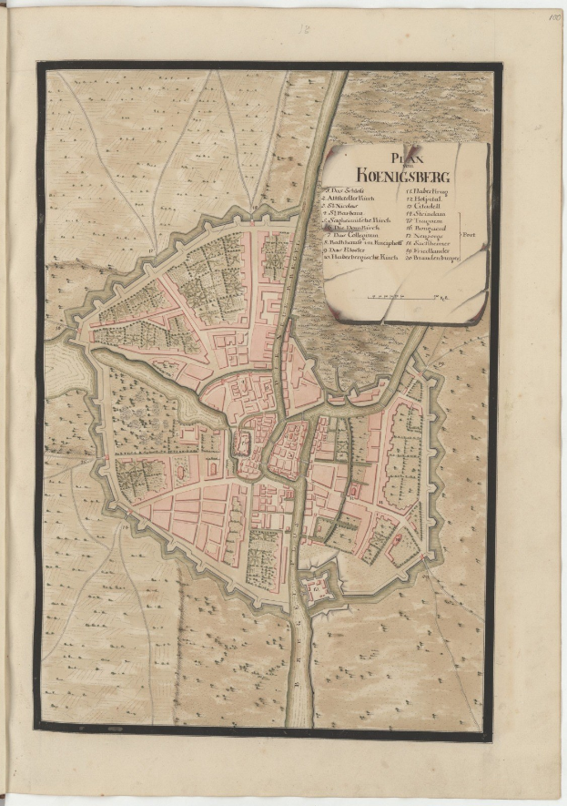 Ein detaillierter alter Stadtplan von Hohensberg, Deutschland, in einem alten Buch gezeigt, der Straßen, Gebäude und Sehenswürdigkeiten mit begleitendem Text über die Stadt zeigt.