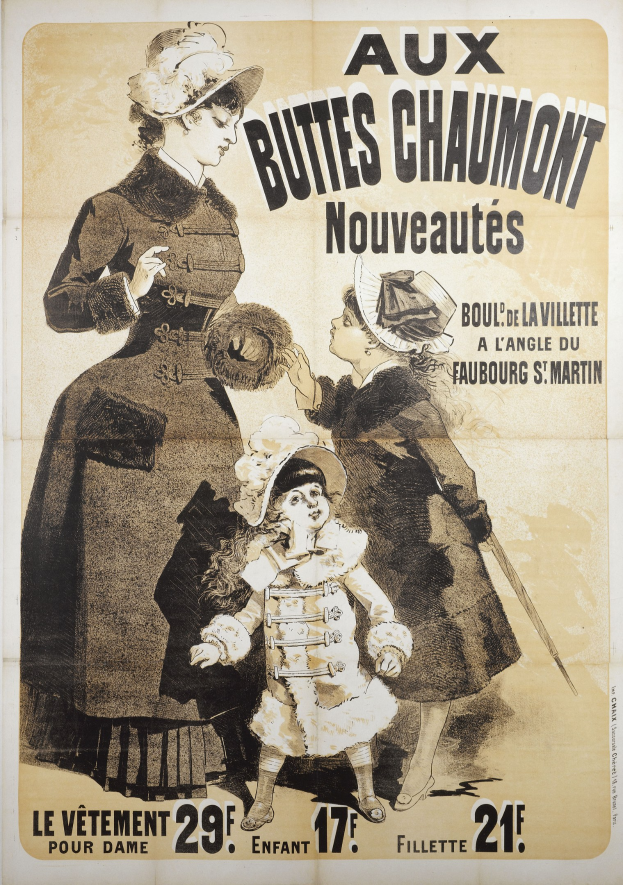 Ein Plakat, das eine Modevorstellung mit einer Frau in einem langen, hochgeschlossenen Kleid mit langen Ärmeln und einem Kind in einem passenden Kleid und Hut ankündigt, beide umarmen sich und schauen in die Ferne.