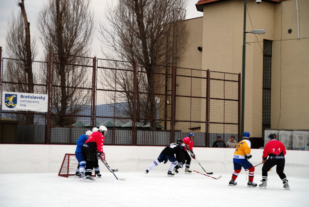 Menschen, die Eis-hoc-key auf einer Eisbahn mit Gebäuden, Bäumen, einer Straßenlaterne, einem Namensschild und Zäunen im Hintergrund unter einem Himmel spielen.