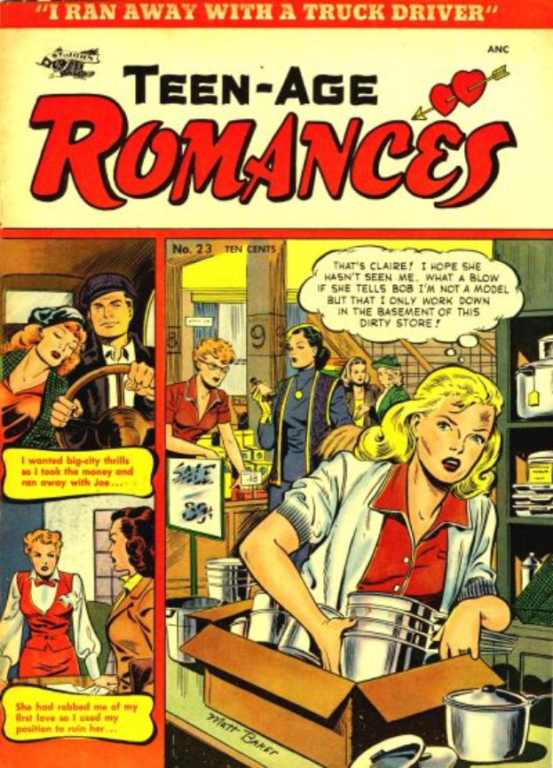 Ein Plakat, das eine Gruppe von Menschen in einer romantischen Umarmung zeigt, die lächeln und sich in die Augen sehen, mit der Aufschrift "Teen-Age Romances 23-A by DC" in fetter Schrift darüber.