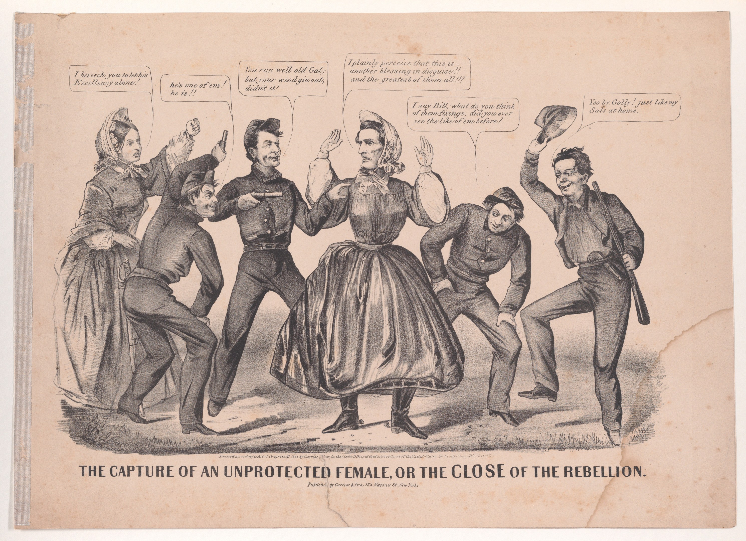 Ein historisches Bild mit dem Titel 'Die Gefangennahme einer ungeschützten Frau oder das Ende der Rebellion' zeigt eine Gruppe von Menschen auf dem Boden, einige schauen ängstlich nach oben und andere niedergeschlagen nach unten.