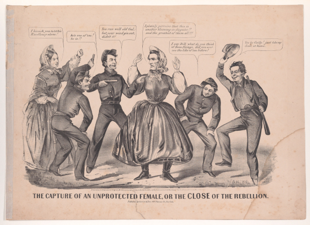 Ein historisches Bild mit dem Titel 'Die Gefangennahme einer ungeschützten Frau oder das Ende der Rebellion' zeigt eine Gruppe von Menschen auf dem Boden, einige schauen ängstlich nach oben und andere niedergeschlagen nach unten.