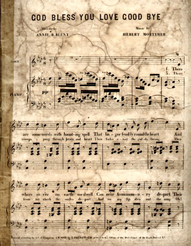 Ein altes Notenblatt mit der Überschrift 'God Bless You Love Goodbye' mit Noten und Musiksymbolen
