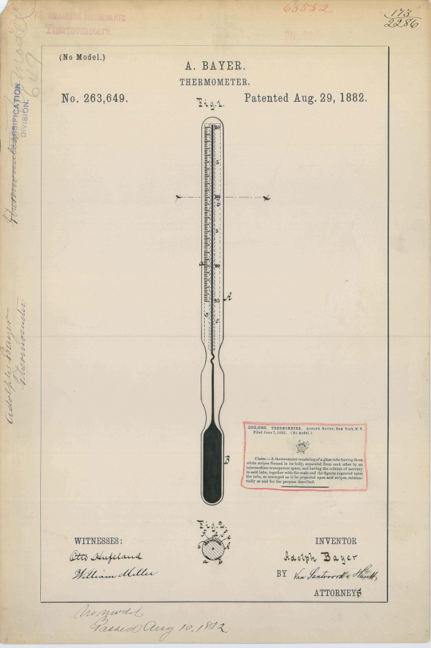 Ein altes Buch mit einer Zeichnung eines "Bayer Thermometers" darauf, das mit "Patent No. 263,649" beschriftet ist.