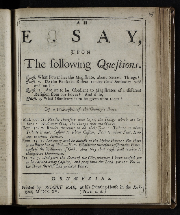 Offenes Buch mit "Ein Essay über die folgenden Fragen" auf den Seiten gegen einen schwarzen Hintergrund.
