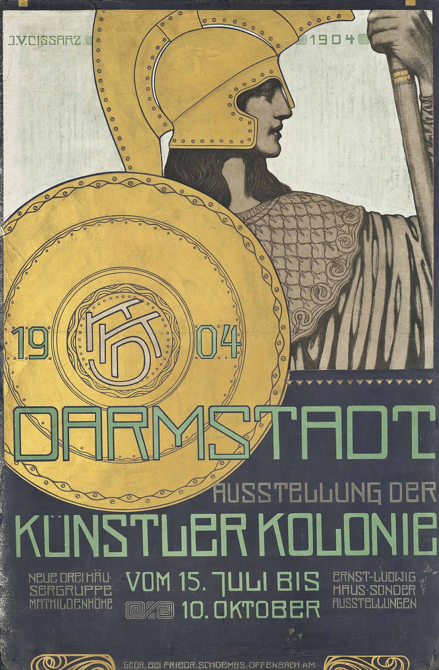 Plakat für ein 1904er Berlin-Konzert mit einem Helmträger, der ein Schild hält, und der Schriftzug «Darmstadt» und «Künstler Kolonie»