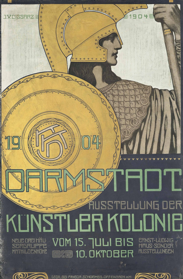 Plakat für ein 1904er Berlin-Konzert mit einem Helmträger, der ein Schild hält, und der Schriftzug «Darmstadt» und «Künstler Kolonie»