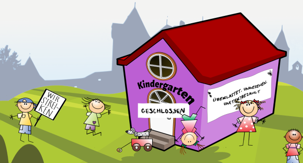 Eine Gruppe strahlender Kinder steht vor einem violetten Haus mit einer 'Kindergarten'-Schilder, umgeben von grünem Gras, hohen Bäumen und unter einem hellblauen Himmel.