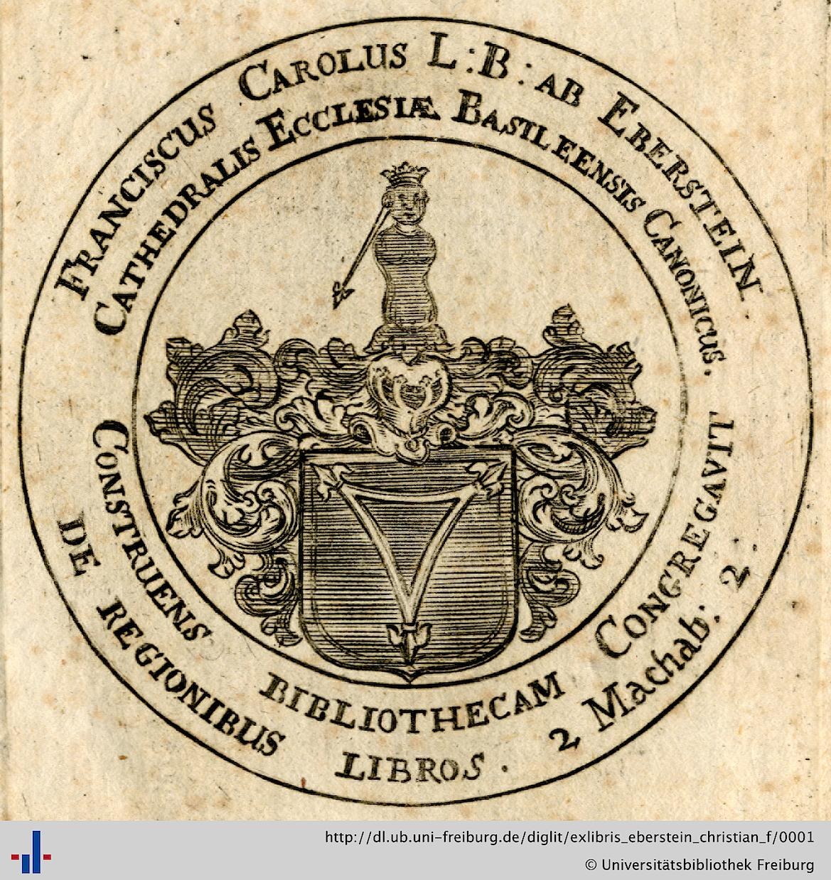 Altes Buch mit einem Wappen, das einen gekrönten Schild, einen Lorbeerkranz und ein Banner mit der Aufschrift 'Bibliothek' sowie den Schriftzug 'Bibliotheken' darunter zeigt.