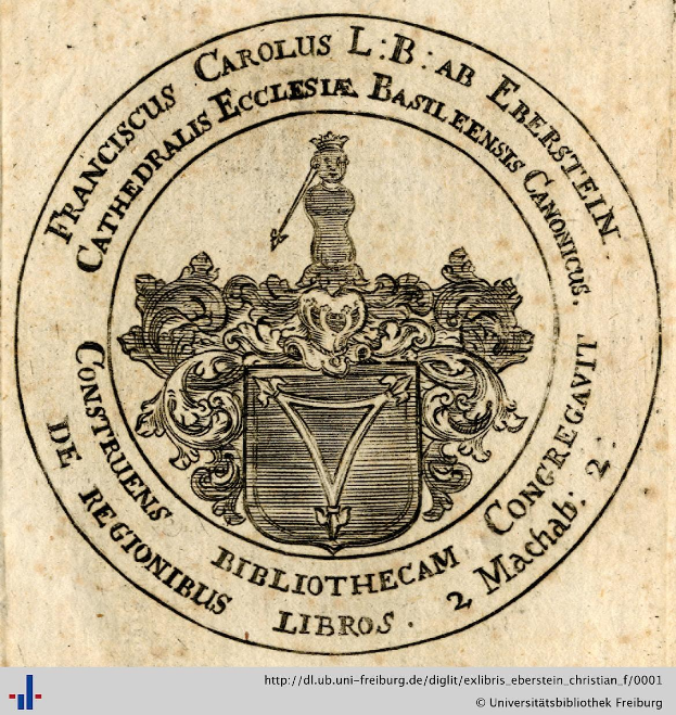 Altes Buch mit einem Wappen, das einen gekrönten Schild, einen Lorbeerkranz und ein Banner mit der Aufschrift 'Bibliothek' sowie den Schriftzug 'Bibliotheken' darunter zeigt.