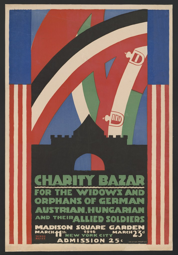 Plakat für einen Wohltätigkeitsbasar zugunsten der Witwen und Waisen deutscher, australischer, ungarischer und alliierter Soldaten mit Veranstaltungseinzelheiten im Text.