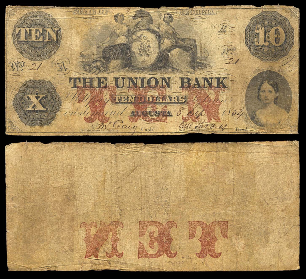 Alter Zehn-Dollar-Schein der Union Bank, 1862, mit einer Frau in einem Kleid mit einem Dutt, ernster Gesichtsausdruck, auf einem schwarzen Hintergrund mit fetter weißer "Union Bank"-Text.
