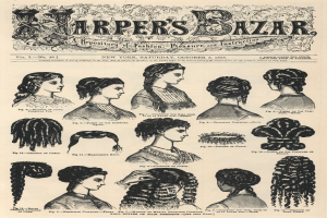 Schwarz-weiß-Bilder von Frauen mit verschiedenen Frisuren aus Harper's Bazaar, begleitet von Text.