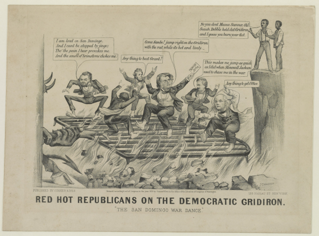 Eine politische Karikatur, die rote Figuren auf einem blauen Rasen zeigt, mit besorgten Gesichtern und erhobenen Armen, begleitet von fetter schwarzer Schrift.