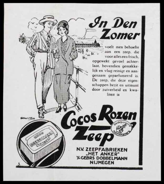 Werbung für Cocos Rozen Zeap mit einem Mann im Anzug und einer Frau, die eine Produktbox hält, mit Text, der das Produkt beschreibt.