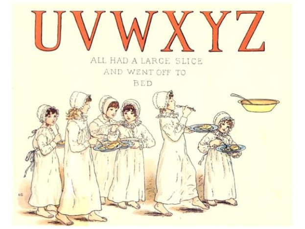 Eine Gruppe von Menschen mit Tellern mit Essen, mit einer Schüssel und Löffel auf der rechten Seite und dem Text "Uwxyz - Alle hatten ein großes Stück und gingen ins Bett" oben.
