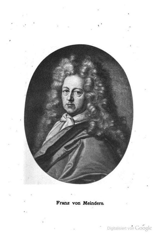 Ein Schwarzweiß-Portr├Ąt von Franz von Meinders, einem deutschen Komponisten mit langen lockigen Haaren, mit deutschem Text unten.