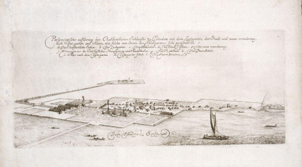 Ein altes Buch mit dem Titel "Plan der Stadt Köln, Deutschland", das eine zentrale Illustration der Stadt zeigt, die von Booten umgeben ist.