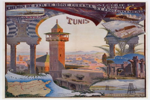 Vintage-Reiseplakat von Tunesien mit einer Stadtkarte, einem Turm, Gebäuden, Bäumen, Wasser, einer Brücke und Text auf einem weißen Hintergrund.