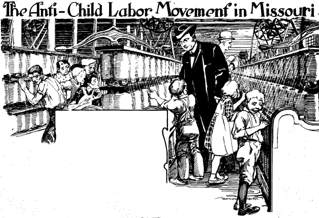 Plakat mit der Aufschrift "Die Anti-Kinderarbeit-Bewegung in Missouri" zeigt besorgte Menschen in traditioneller Kleidung, einige sitzen, andere stehen, mit Text oben und unten.