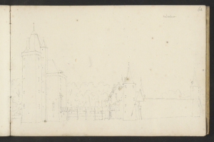 Ein aufgeschlagenes Buch mit der Aufschrift 'Johannes Vermeulens Skizze der Stadt Heidelberg, Deutschland' zeigt eine Zeichnung eines von Bäumen umgebenen Schlosses.