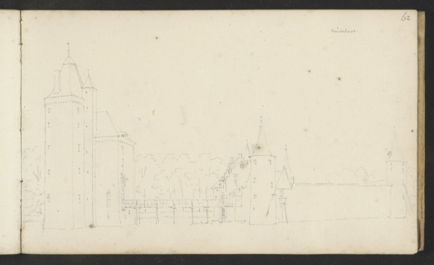 Ein aufgeschlagenes Buch mit der Aufschrift 'Johannes Vermeulens Skizze der Stadt Heidelberg, Deutschland' zeigt eine Zeichnung eines von Bäumen umgebenen Schlosses.