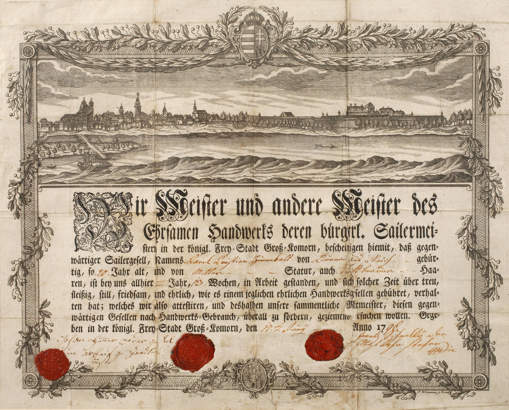 Altes Dokument mit einer Stadtillustration, Text und zwei rote Wachssiegel.