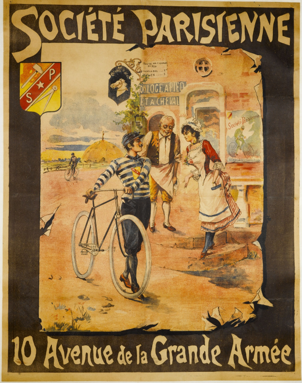 Plakatankündigung für ein Fahrradrennen in Paris, Frankreich, mit einer Gruppe von Menschen, von denen einer ein Fahrrad hält, einem Gebäude im Hintergrund und Text, der das Ereignis beschreibt.