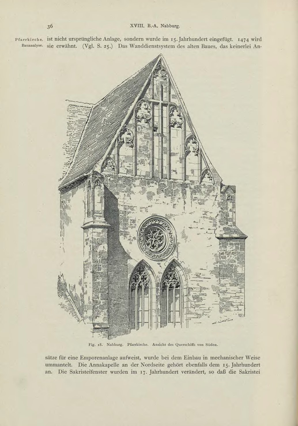 Eine detaillierte Abbildung eines alten Buches mit einer Kirche, die Fenster, Bögen und ein Dach zeigt, begleitet von Text über die Kirche.