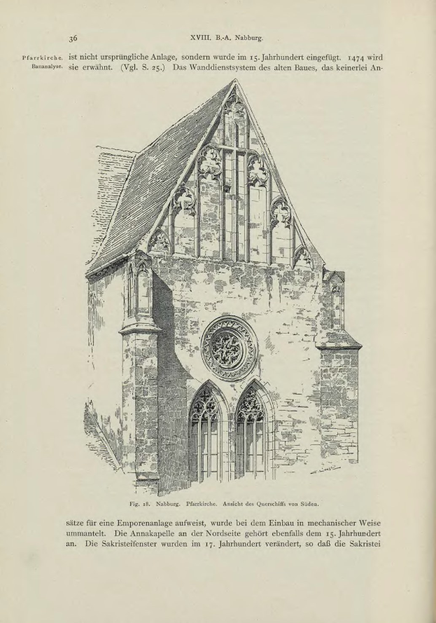 Eine detaillierte Abbildung eines alten Buches mit einer Kirche, die Fenster, Bögen und ein Dach zeigt, begleitet von Text über die Kirche.